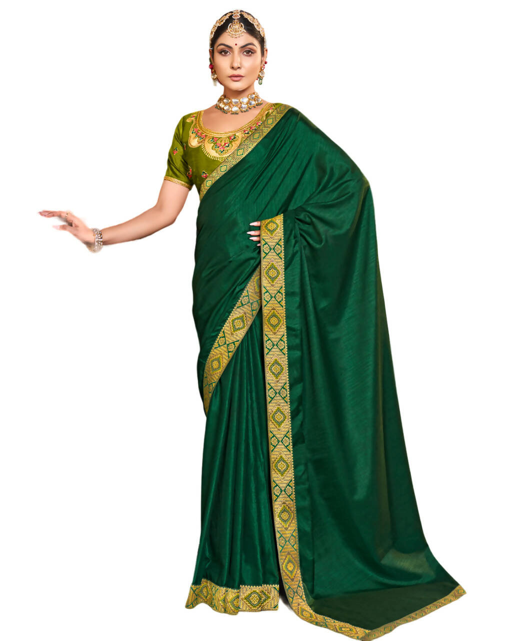 Green Solid Vichitra Saree With Unstitched Blouse Piece - Selena - Distacart