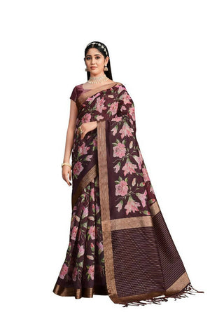 Maroon Tusser Silk Floral Printed With Sequence Embroidered Saree With Unstitched Blouse - Mohmanthan Aahana - Distacart