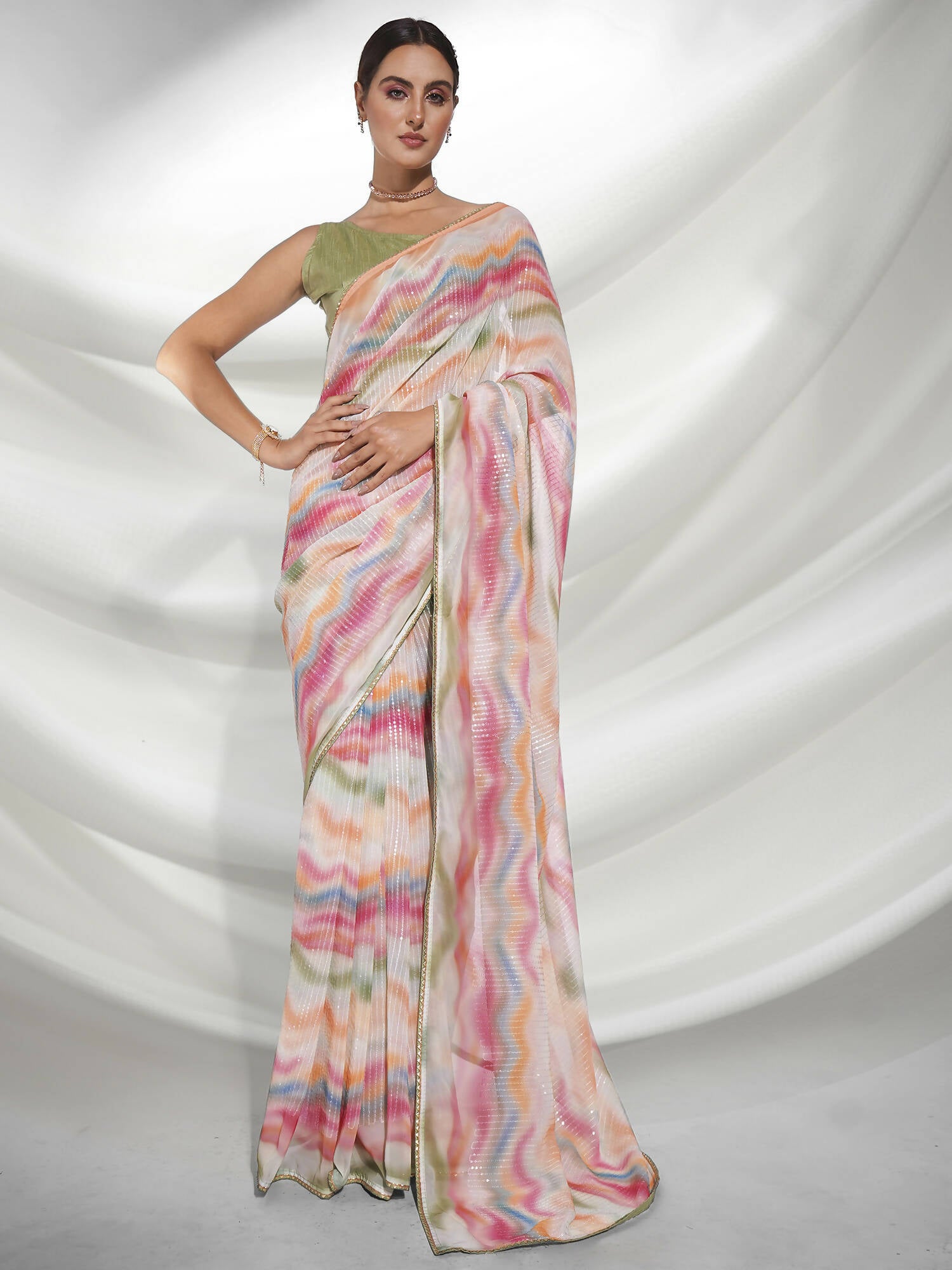 Pink Georgette Sequence Embroidery Saree With Unstitched Blouse Piece - Rajal - Distacart