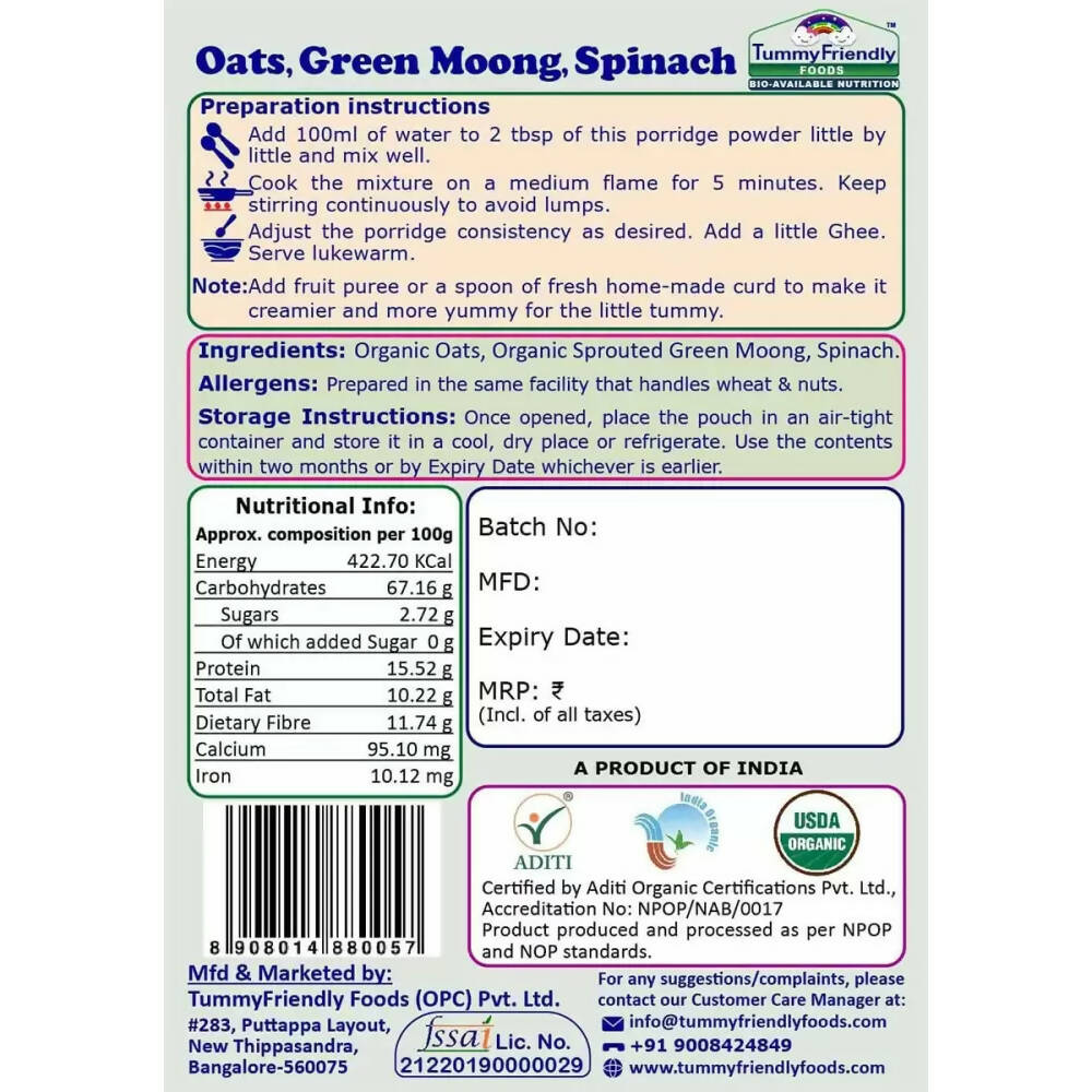 TummyFriendly Foods Certified Oats Porridge Mixes - Stage1, Stage2, Stage3 - Distacart