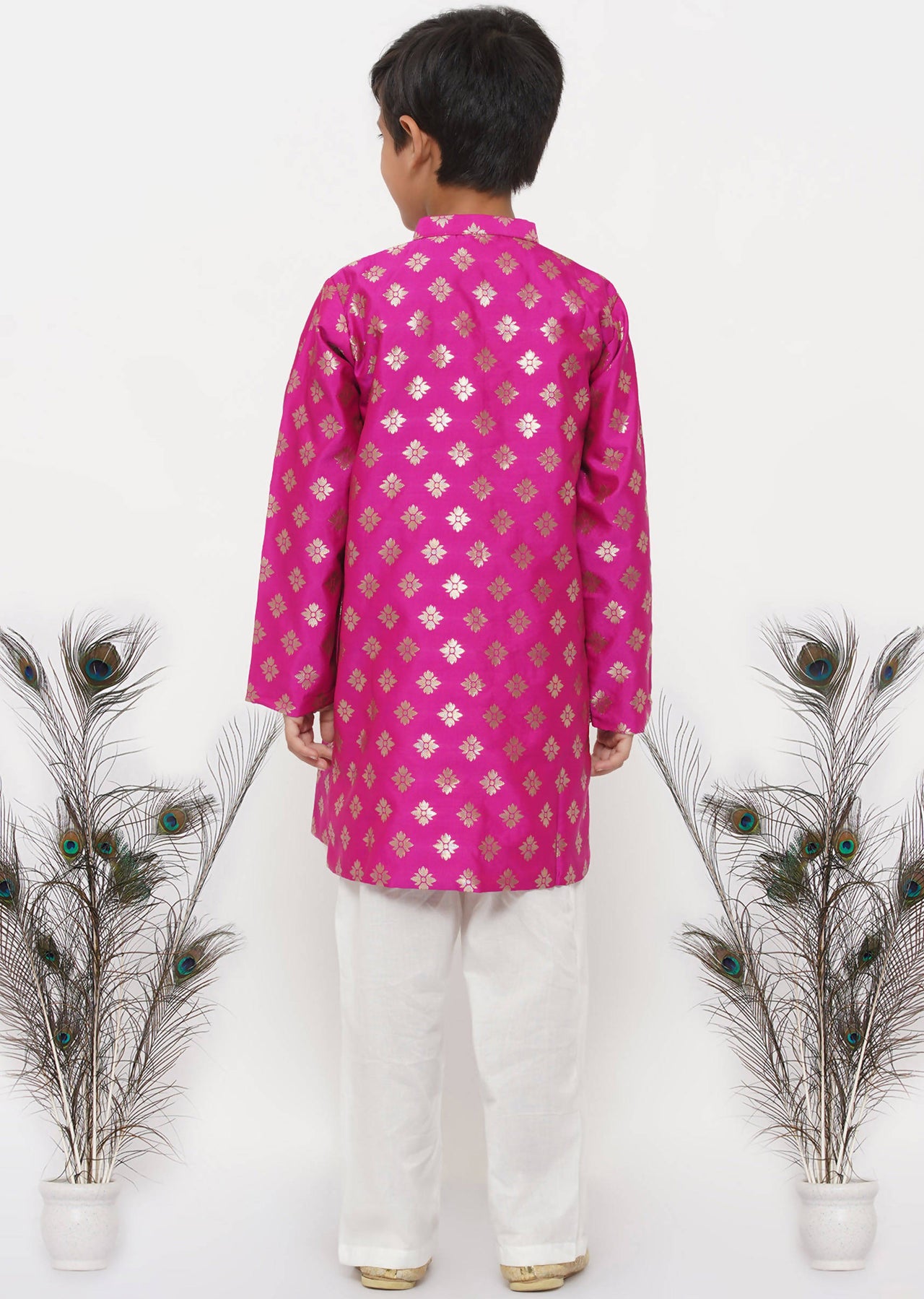 Little Bansi Banarsi Silk Sherwani & Pyjama - Magenta & Cream - Distacart