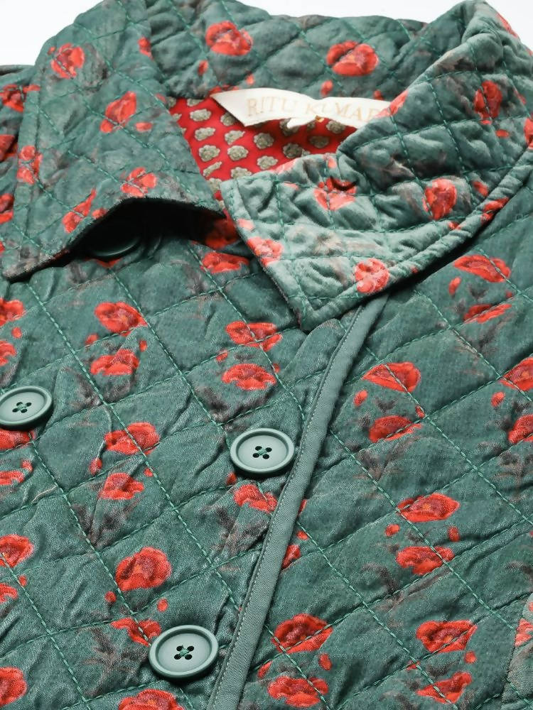 Ritu Kumar Teal Green & Red Floral Print Quilted Velvet Finish Longline Tailored Jacket - Distacart