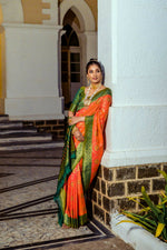 Thumbnail for Vishnu Weaves Women's Orange Patola Banarasi Silk Meenakari Zari Woven Saree with Blouse - Distacart
