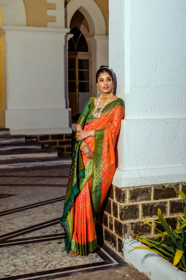 Vishnu Weaves Women's Orange Patola Banarasi Silk Meenakari Zari Woven Saree with Blouse - Distacart