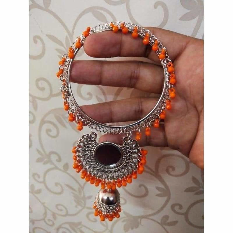 Trendy Silver Latkan Jhumka Bangles With Orange Pearls