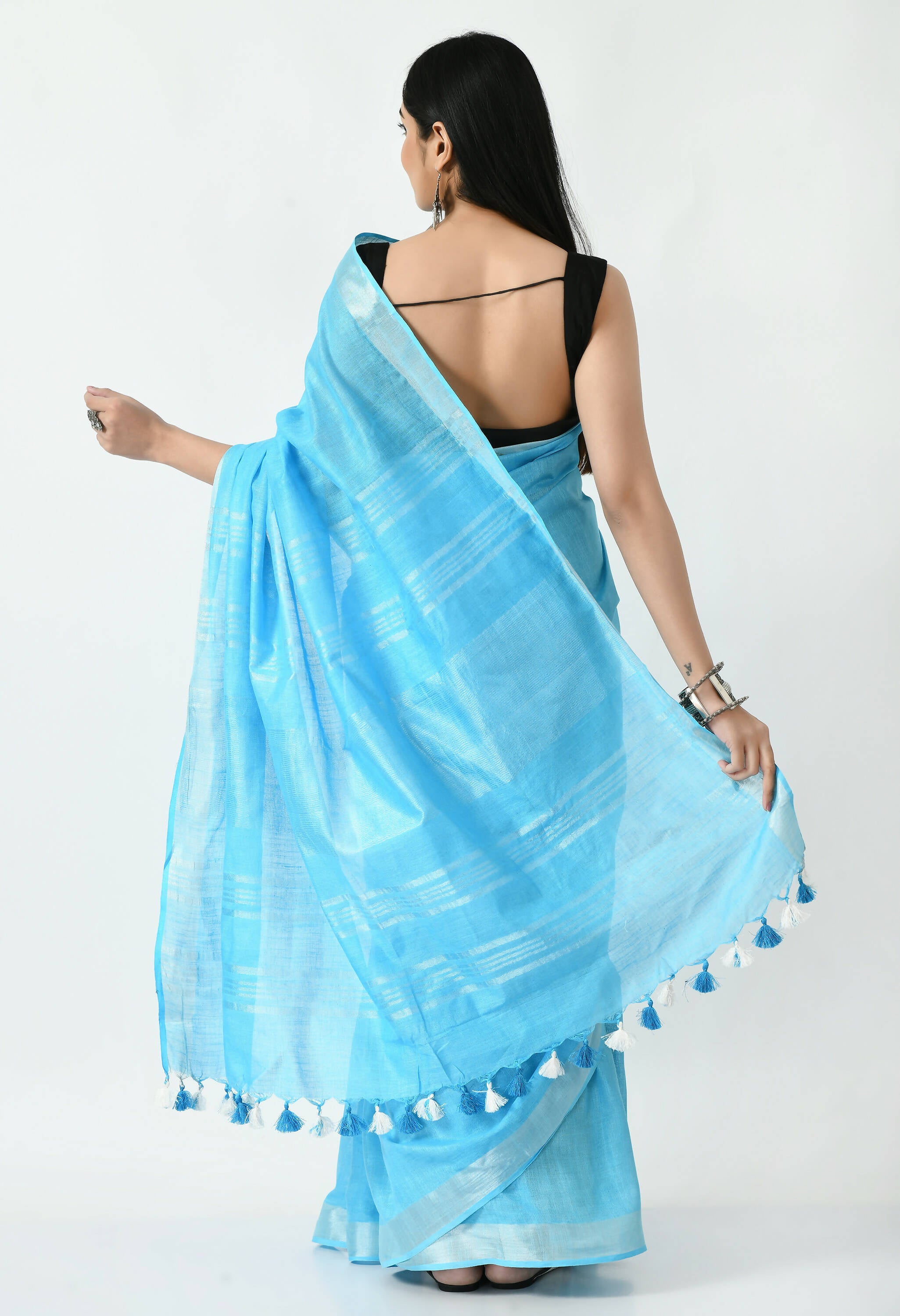 Mominos Fashion Moeza Sky Blue Bhagalpuri Handloom Silk Linen Saree with unstitched Blouse piece - Distacart