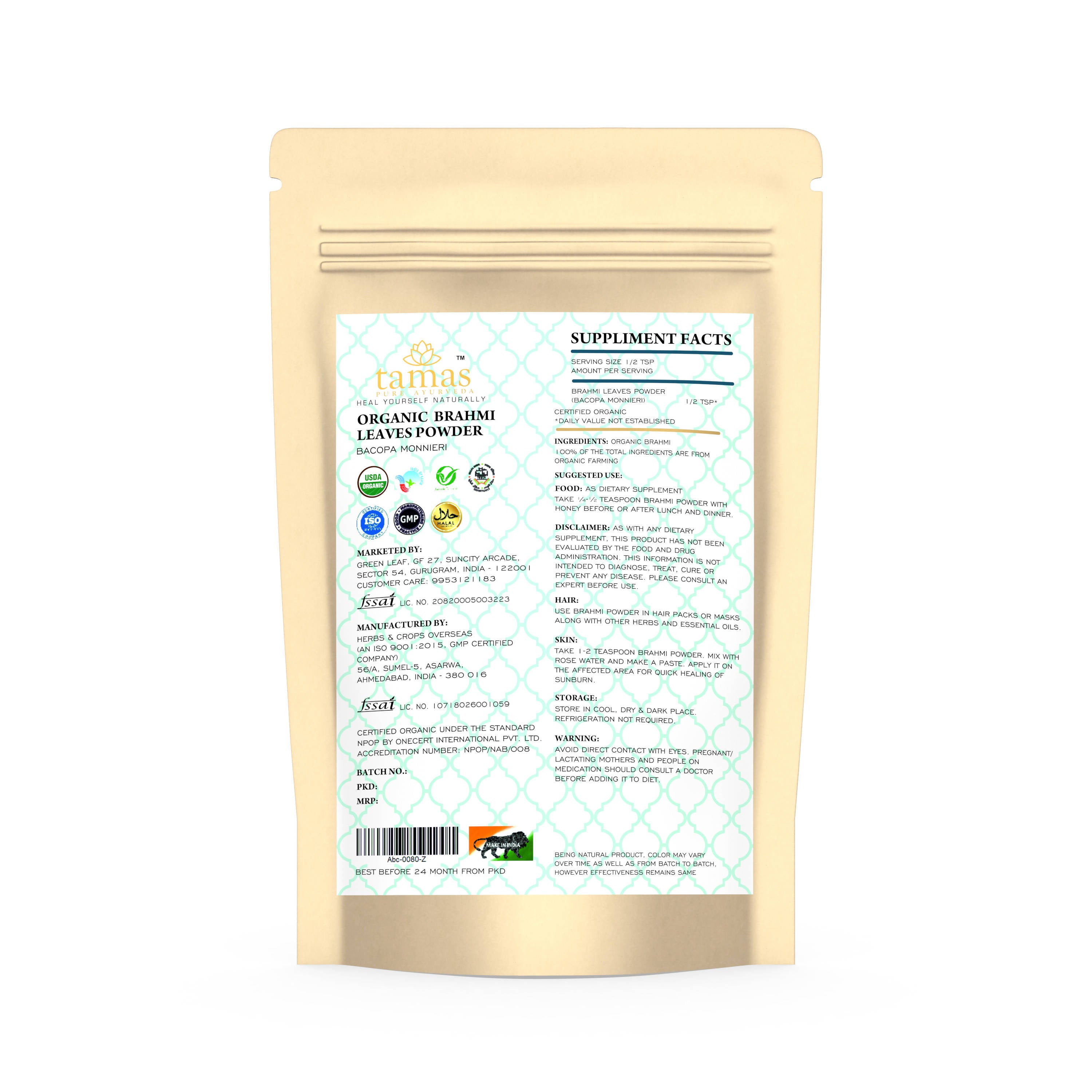 Tamas Pure Ayurveda Superfood Organic Brahmi Leaves Powder - Distacart