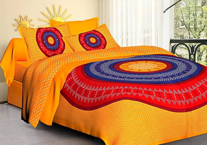 Vamika Printed Cotton Yellow With Multicolor Combination Bedsheet With Pillow Covers (LEOC_BANDJ_Y) - Distacart