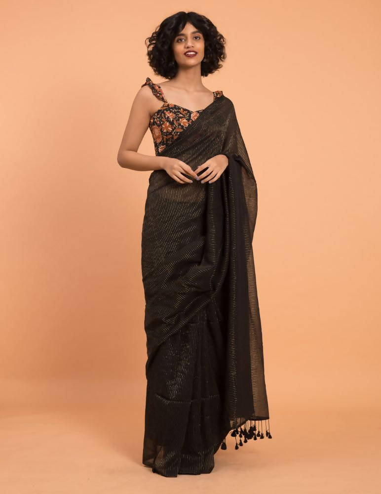 Suta Black Woven Zari Striped Pure Handloom Cotton Saree - Distacart
