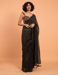 Thumbnail for Suta Black Woven Zari Striped Pure Handloom Cotton Saree - Distacart