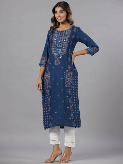 Juniper Women Navy Blue Printed Straight Kurta - Distacart