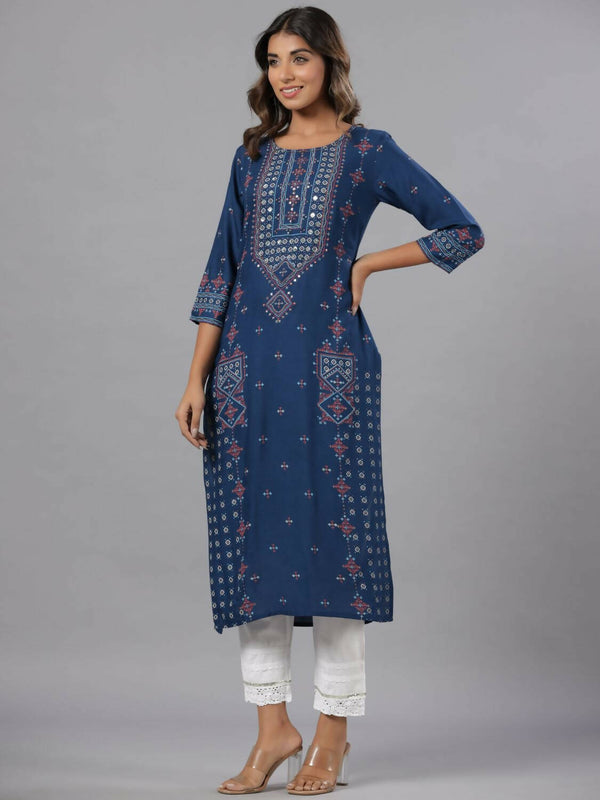 Juniper Women Navy Blue Printed Straight Kurta - Distacart