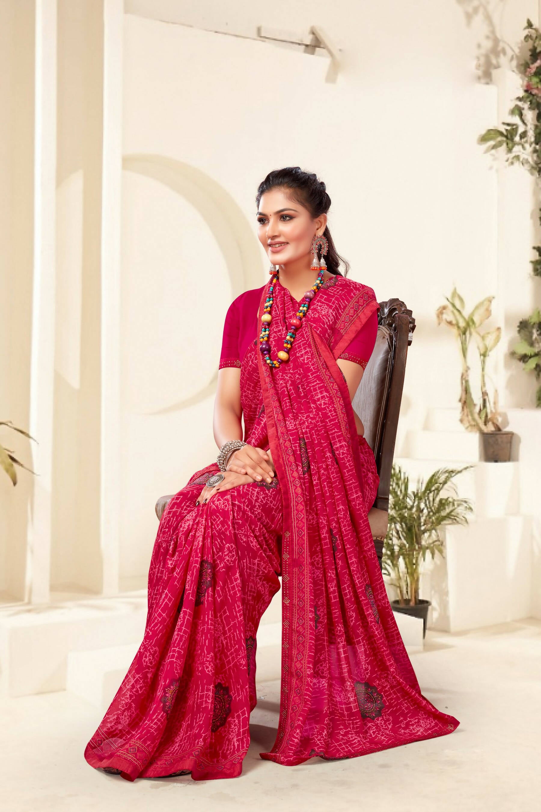 Pink Georgette Texture Printed Saree with Unstitched Blouse Piece - Akansha - Distacart