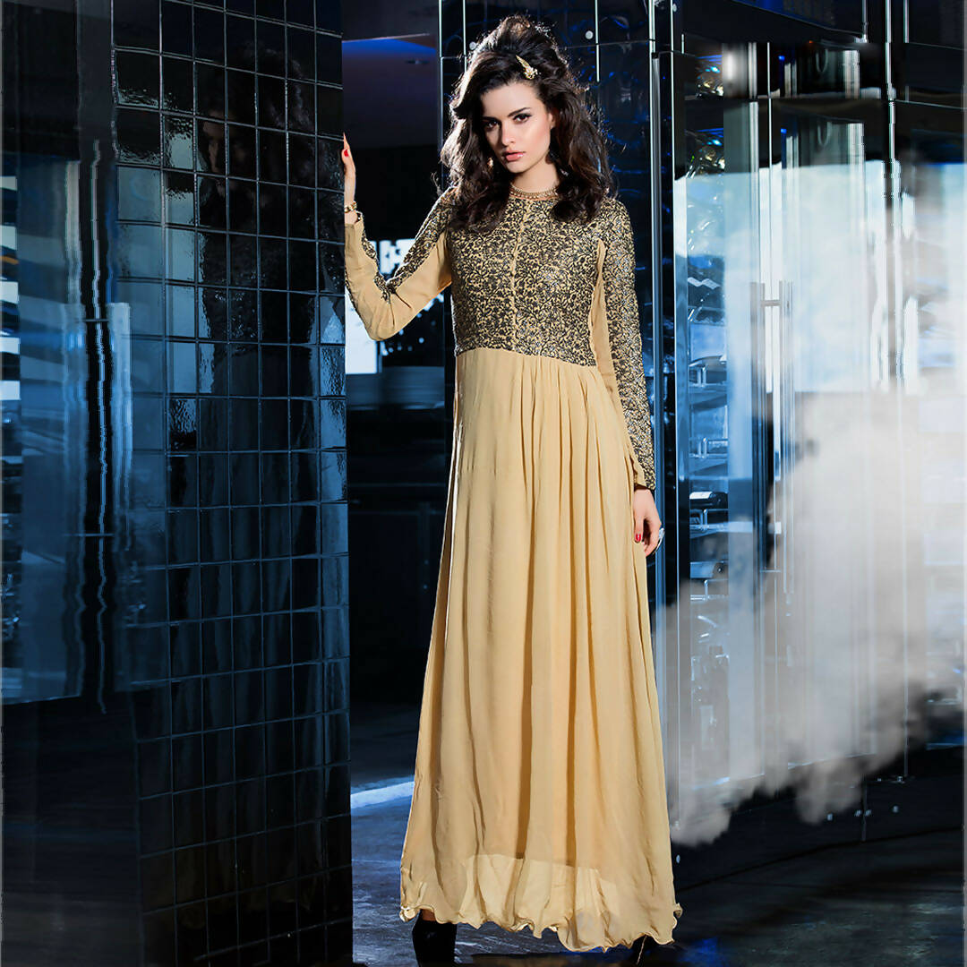 Cream Georgette Floral Embroidered A-line Kurti - Missy - Distacart