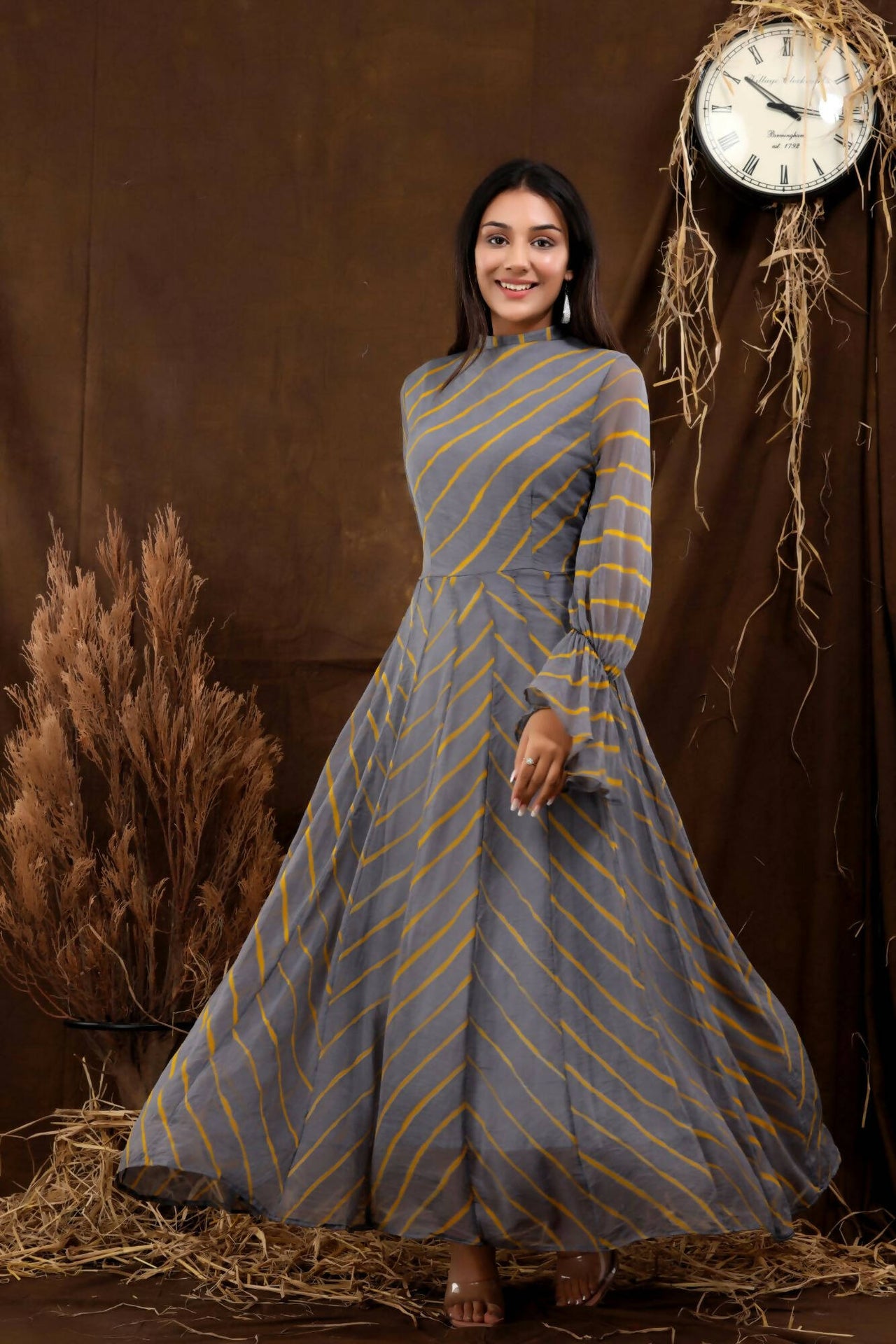 Women's Grey Chiffon Leheriya Dress - Isya - Distacart