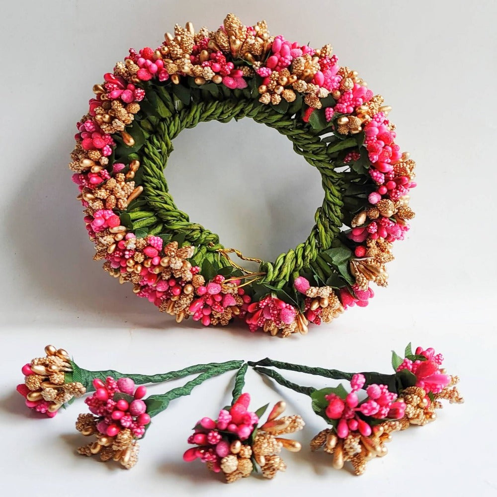 Pink & Gold Bridal Hair Gajra with Brooches