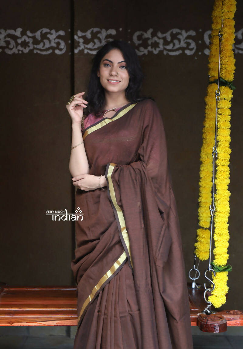 Very Much Indian Saadgi Pure Cotton Handloom Sarees - Brown - Distacart