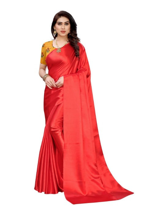 Vamika Plain Red Satin Saree (SATIN GLORY RED)