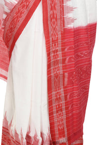 Thumbnail for Vamika Sambalpuri Ikat Cotton Plane Kumbha White & Red Saree - Distacart