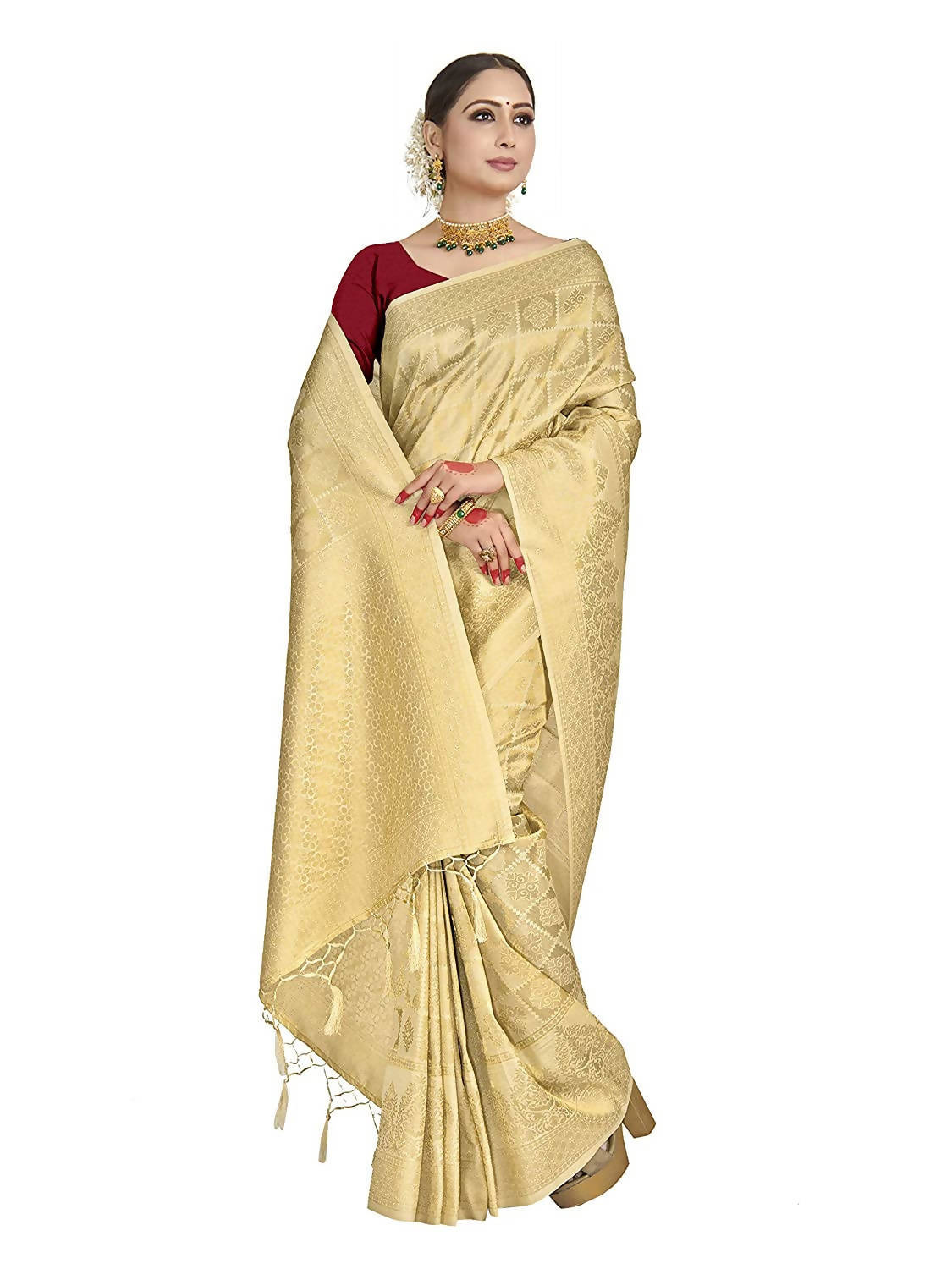 Vardha Women's Beige Kanchipuram Raw Silk Saree With Unstitched Blouse Piece
