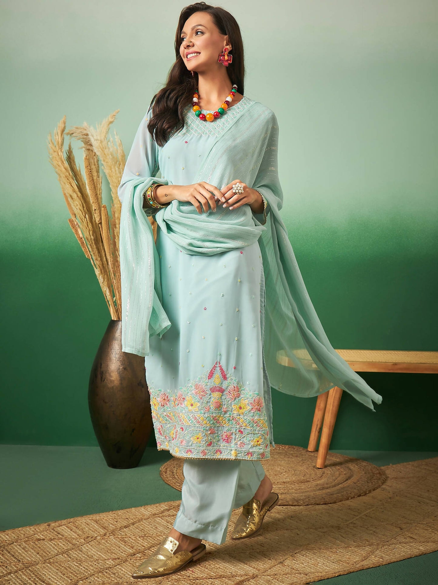 Sky Blue Georgette Handwork Unstitched Dress Material - Hanika - Distacart