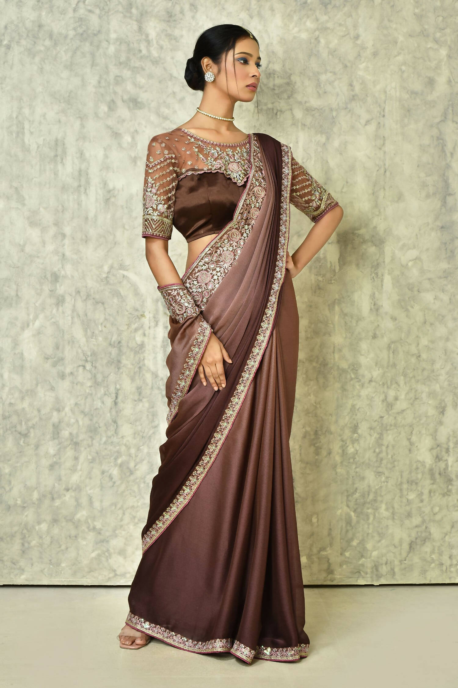 Brown Silk Plain Saree with Blouse Piece - Purvi - Distacart