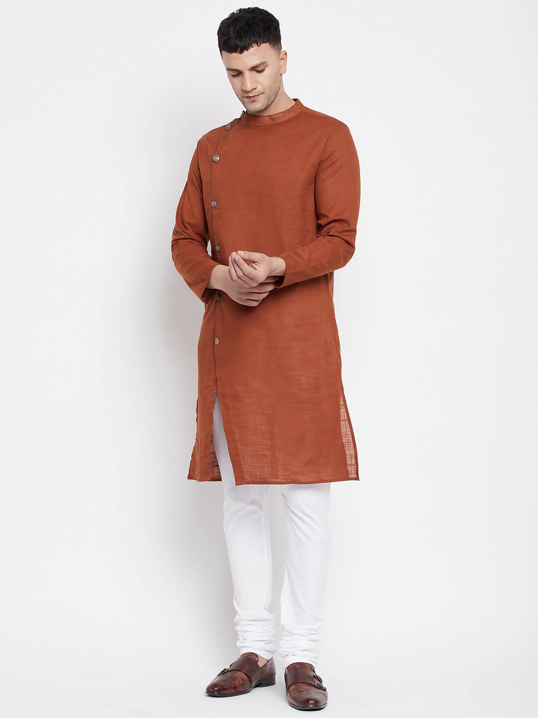 Even Apparels Brown Pure Cotton Men's Sherwani Kurta With Asymetrical Cut - Distacart