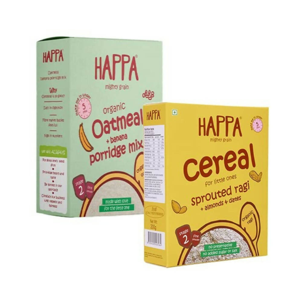 Happa Organic Baby Food Sprouted Ragi Almond Dates Porridge Mix & Oatmeal + Banana Porridge Combo - Distacart