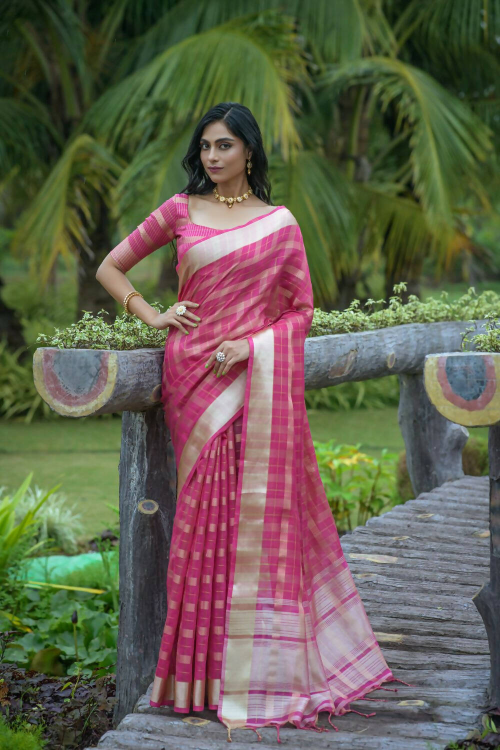 Vishnu Weaves Women's Rani Pink Organza Silk Zari Woven Saree with Blouse - Distacart