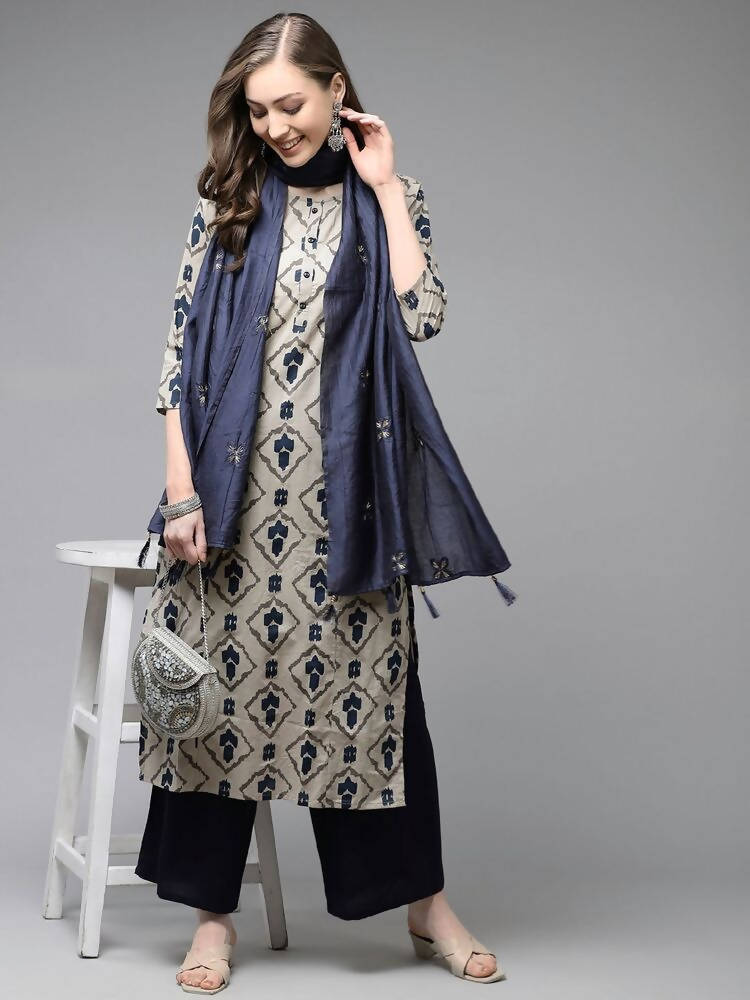 Yufta Women Beige & Navy Blue Printed Pure Cotton Kurta with Palazzo & Dupatta