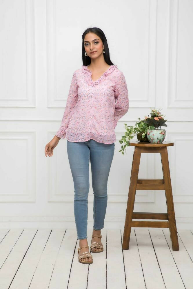 Myshka Women Pink Floral V-Neck Regular Sleeves Synthetic Georgette Top - Distacart