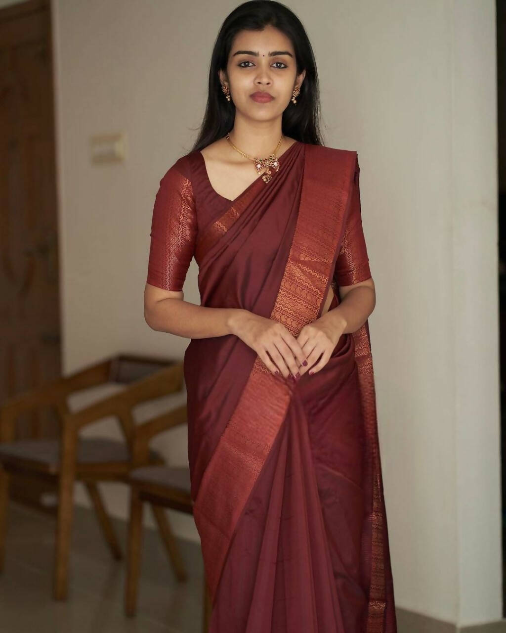 DEIANA'S Beautiful Golden Jari with New Design Soft Lichi Silk Saree - Brown - Distacart