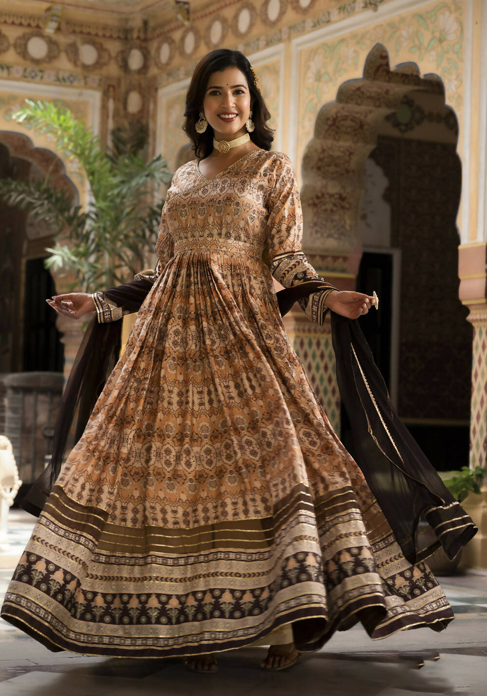 Partywear Designer Cream Dola Silk Anarkali Suit With Dupatta - Ananta - Distacart