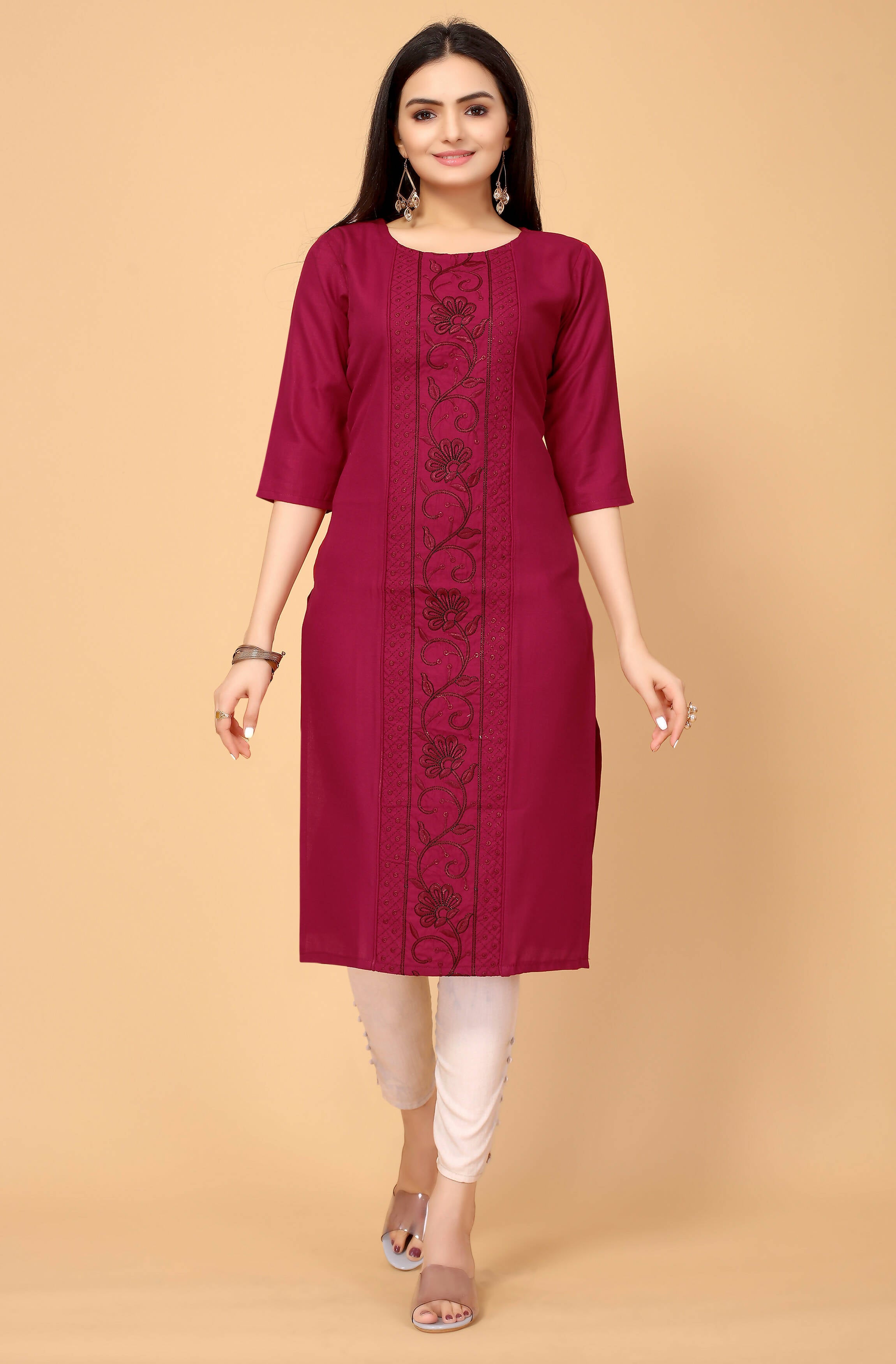 Maroon Cottan Slub Embroidery Kurti - Umi - Distacart