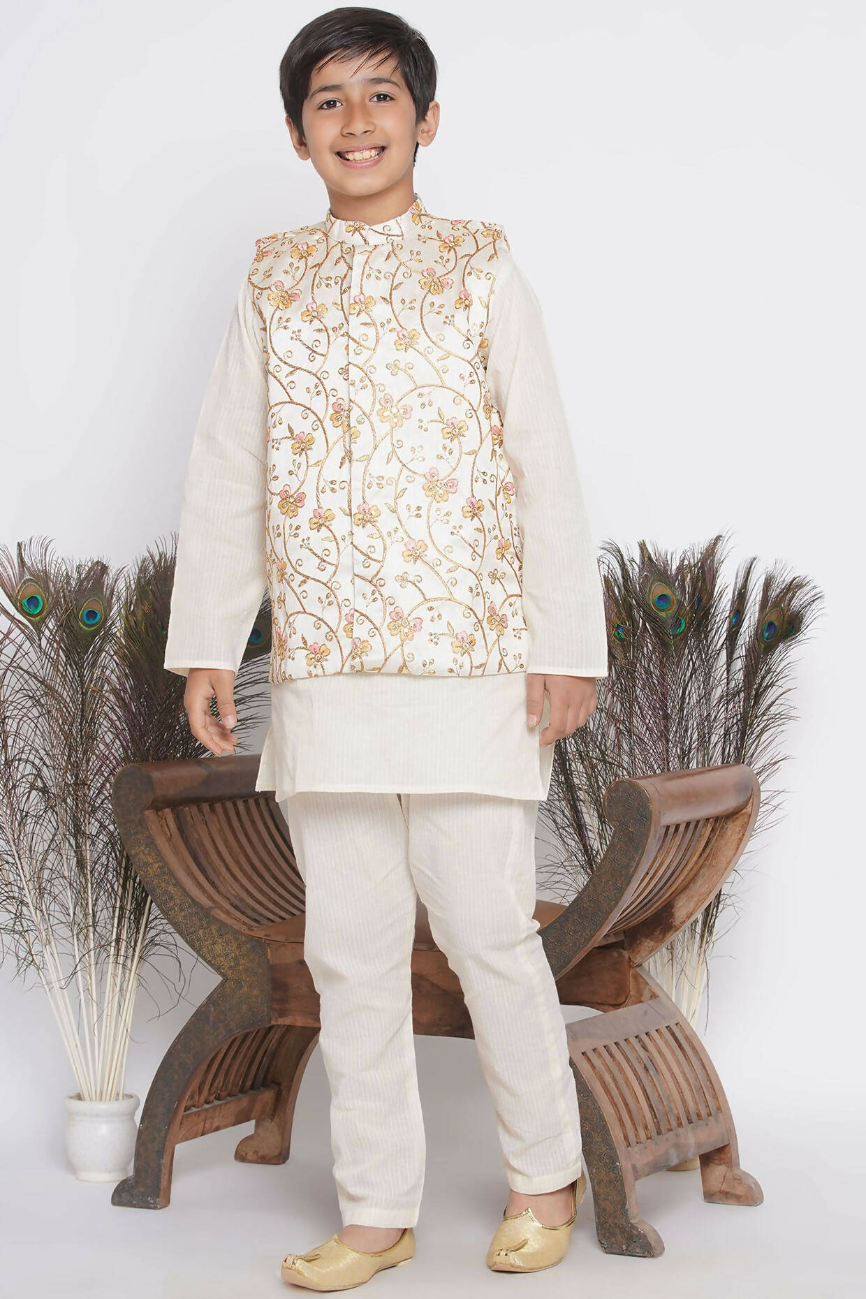 Little Bansi Banarsi Silk Orange Pink Floral Embroidery Jacket with Cotton Kantha kurta and Kantha Pyjama - Cream - Distacart