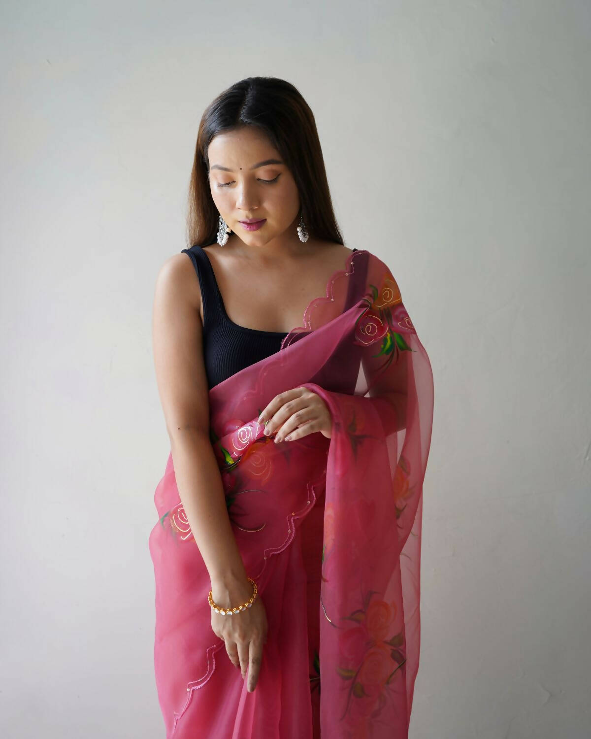 Vastrasky Pink Organza Saree - Distacart