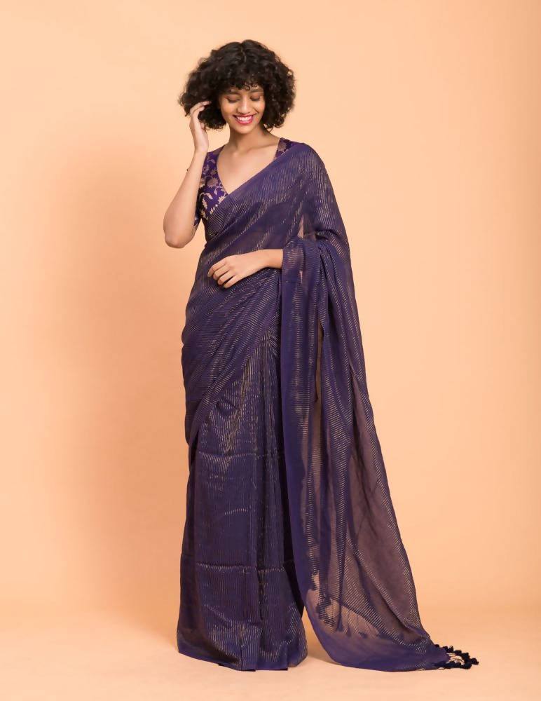 Suta Purple Woven Zari Striped Pure Handloom Cotton Saree - Distacart