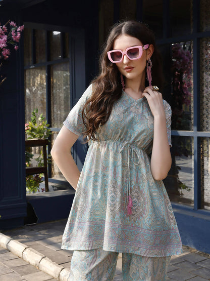 Sky Blue Rayon Paisley & Floral Printed Top with Matching Bottom - Eesha - Distacart