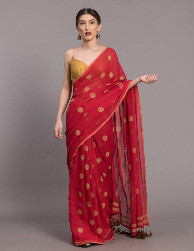 Suta Red Beige Polka Printed Pure Cotton Saree - Distacart