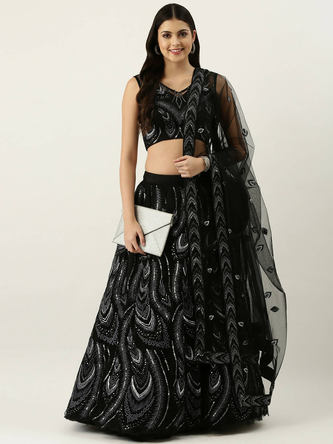 House of Panchhi Women Black Net Sequins Embroidered Lehenga & Blouse with Dupatta - Distacart