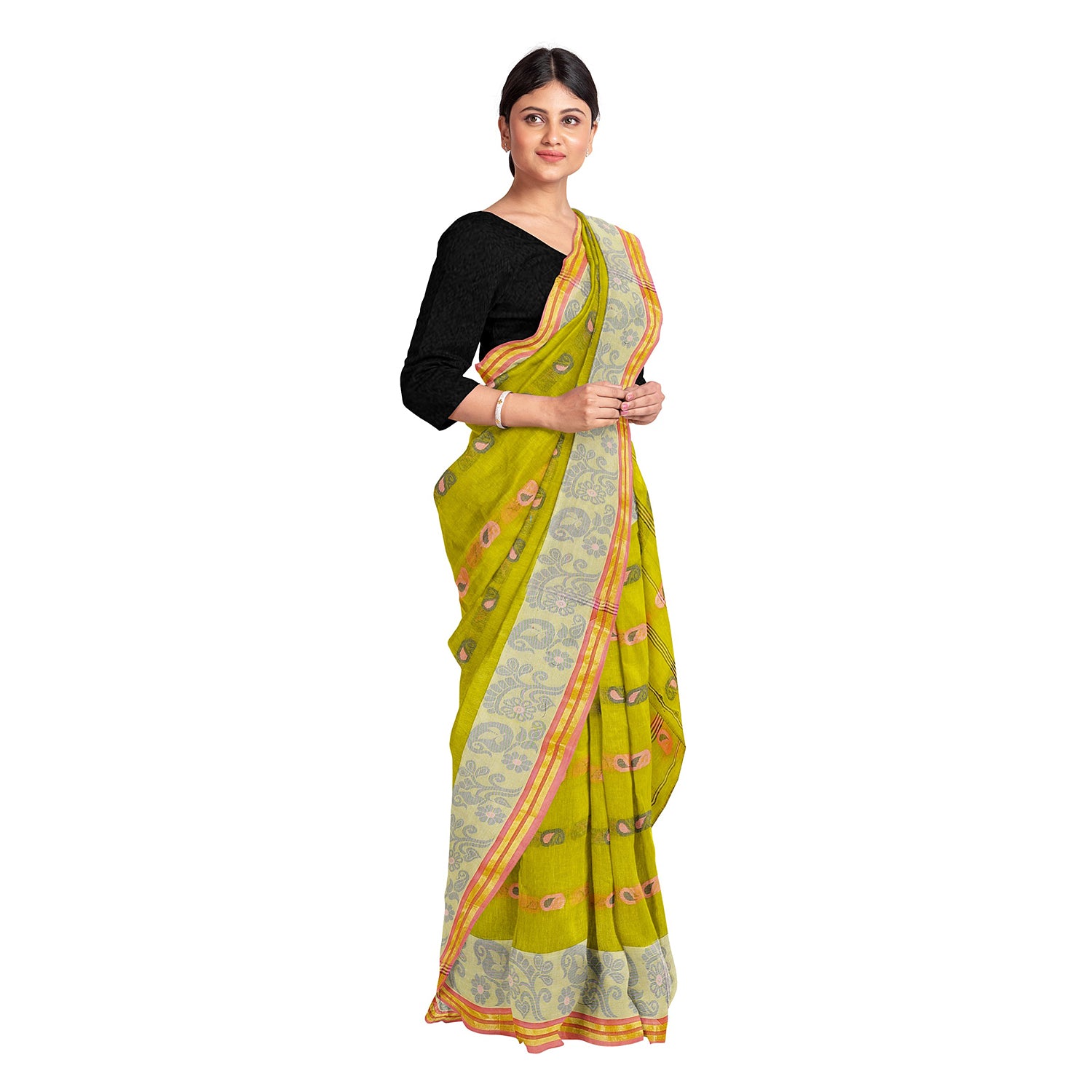 Exclusive Collection 100% Pure Cotton Olive Tant Saree With Hand Weaving Work - Distacart
