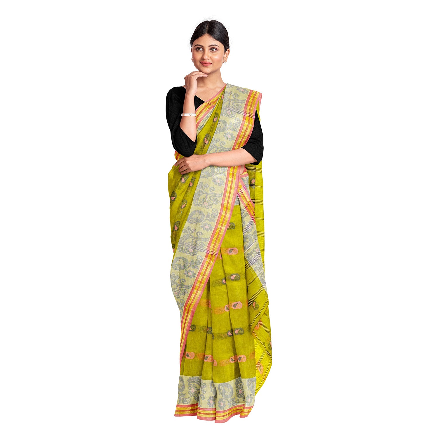 Exclusive Collection 100% Pure Cotton Olive Tant Saree With Hand Weaving Work - Distacart