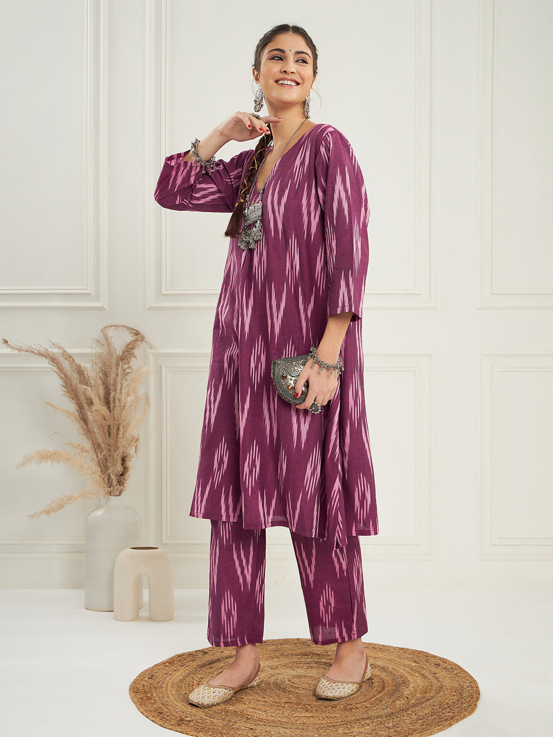 InWeave Women's Wine Ikkat Print V Neck Kurta Pant Set - Distacart