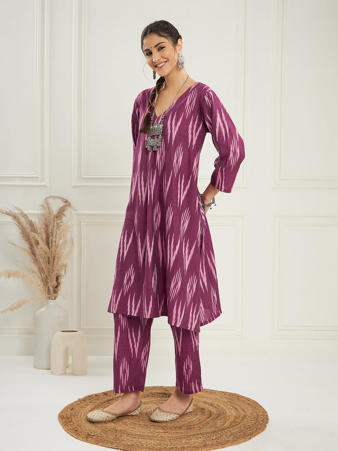 InWeave Women's Wine Ikkat Print V Neck Kurta Pant Set - Distacart