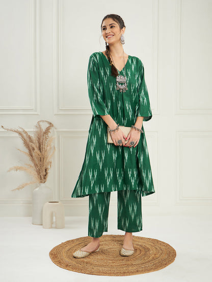 InWeave Women's Green Ikkat Print V Neck Kurta Pant Set - Distacart