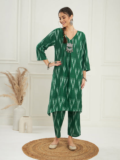 InWeave Women's Green Ikkat Print V Neck Kurta Pant Set - Distacart