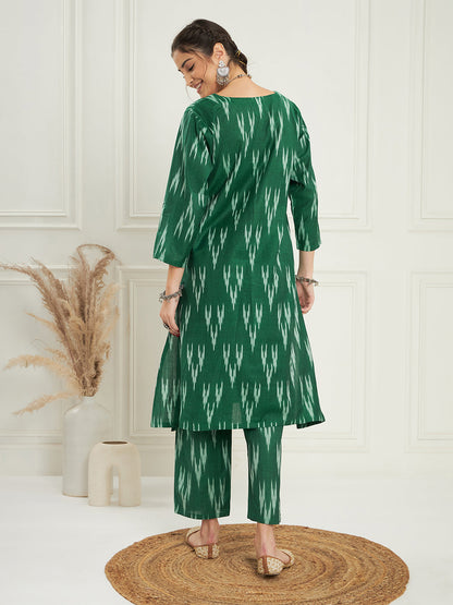 InWeave Women's Green Ikkat Print V Neck Kurta Pant Set - Distacart