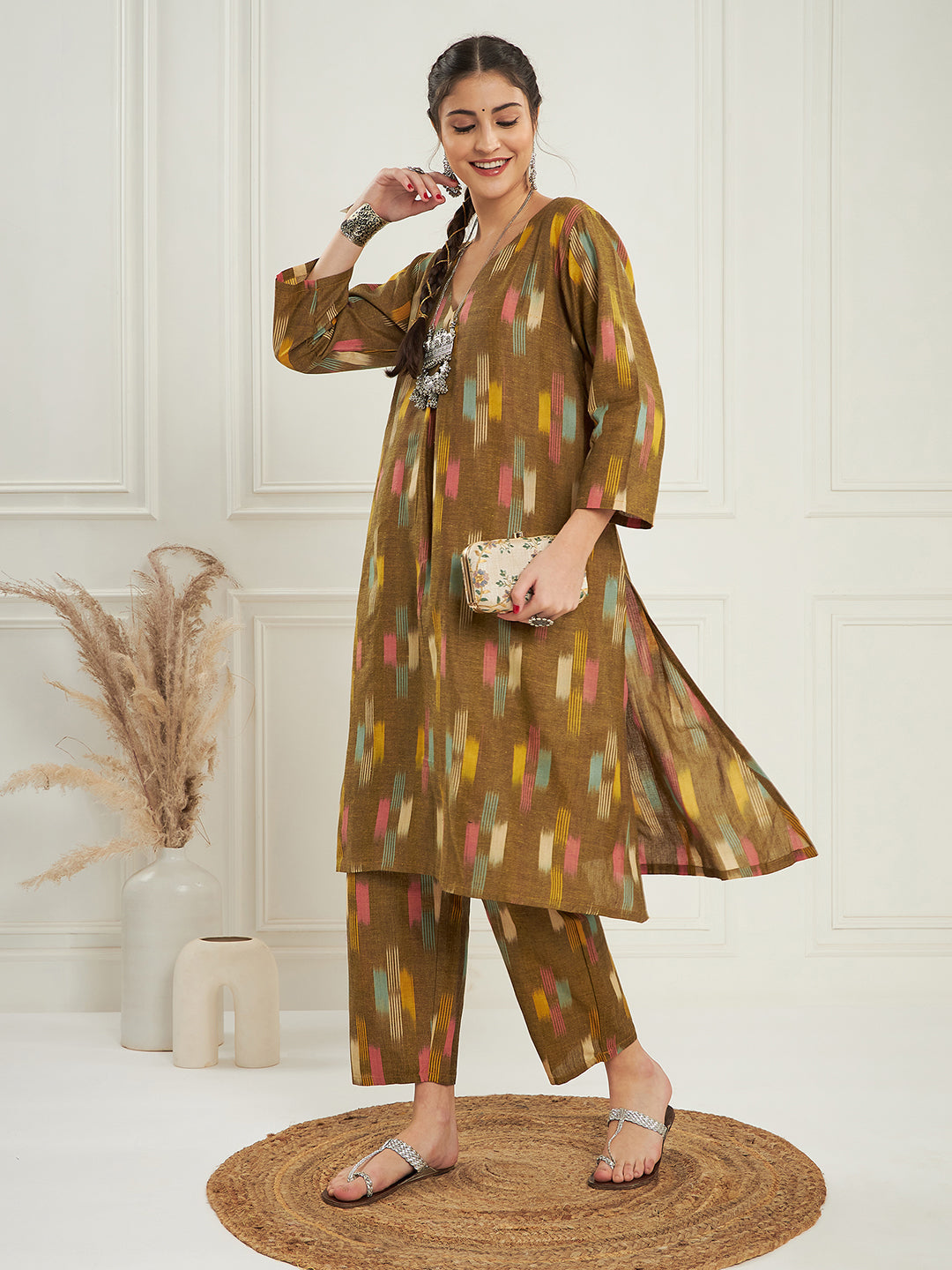 InWeave Women's Olive Ikkat Print V Neck Kurta Pant Set - Distacart
