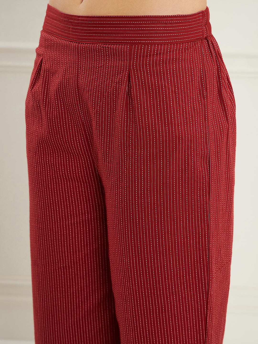 InWeave Women's Ruby Maroon Kantha V Neck Kurta Pant Set - Distacart
