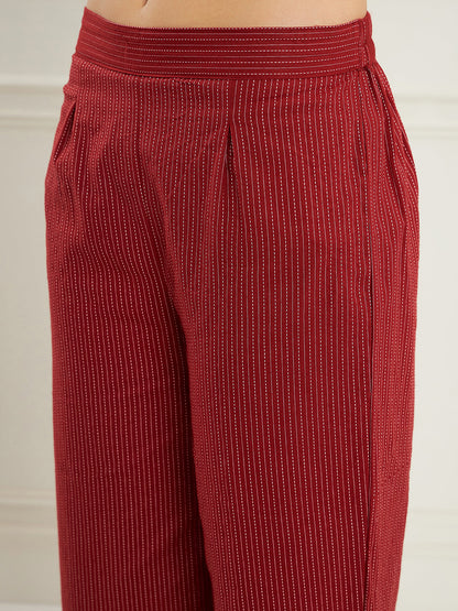InWeave Women's Ruby Maroon Kantha V Neck Kurta Pant Set - Distacart